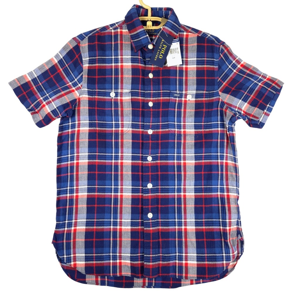 Polo Ralph Lauren Mens Small Blue Red Plaid‎ Short Sleeve Button Up Shirt NWT